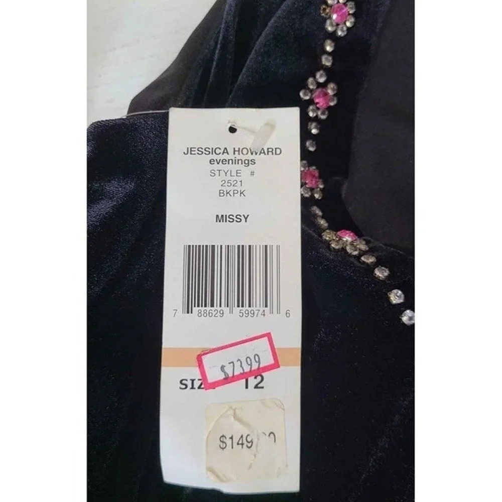 New Jessica Howard Evening Sequin Neckline Stretch Dress Black Velvet Feel 12 - Picture 7 of 8